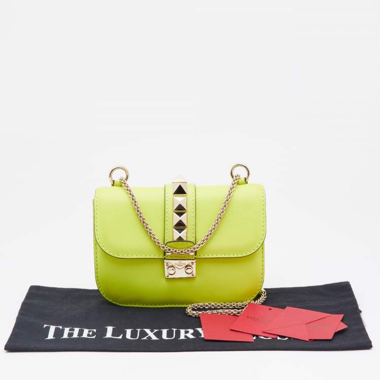 Pre Owned Valentino Neon Green Leather Small Rockstud Glam Lock Flap Bag