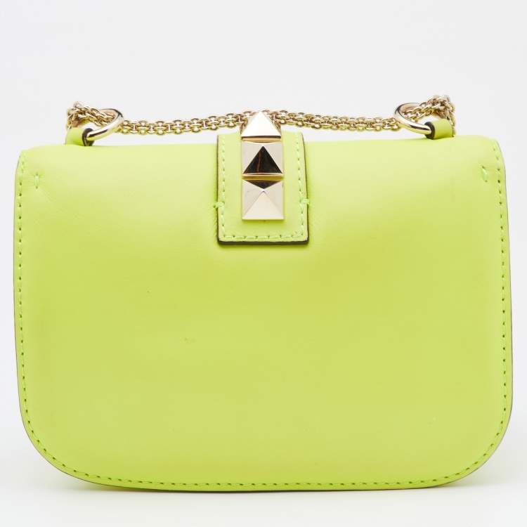 Pre Owned Valentino Neon Green Leather Small Rockstud Glam Lock Flap Bag