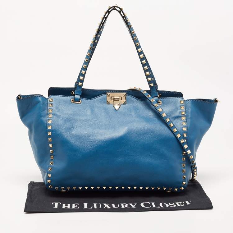 Pre Owned Valentino Blue Leather Rockstud Trapeze Tote