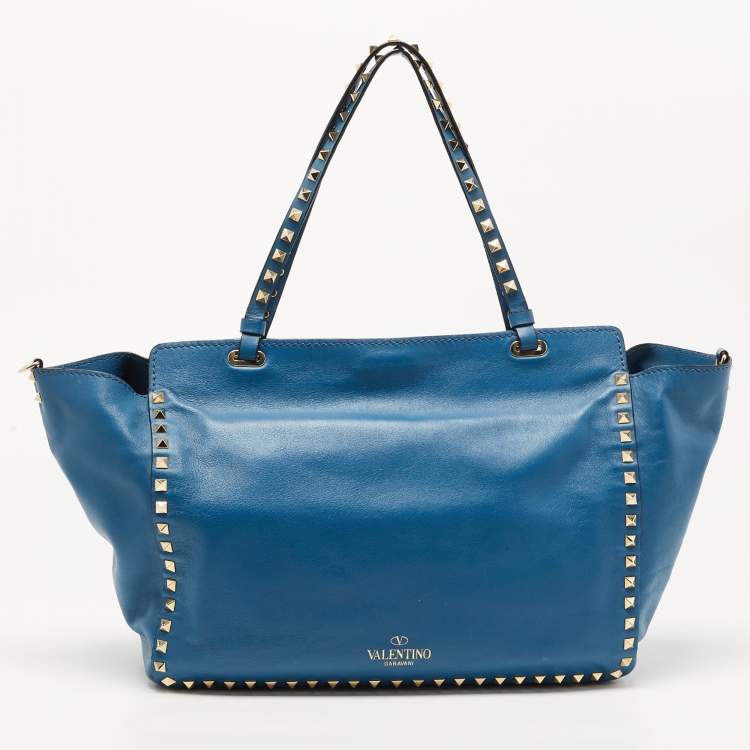 Pre Owned Valentino Blue Leather Rockstud Trapeze Tote