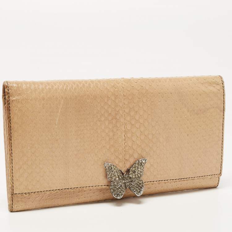 Pre Owned Valentino Beige Watersnake Leather Butterfly Embellished Continental Wallet