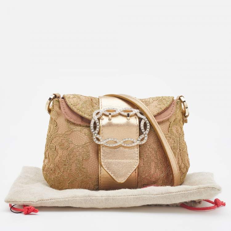 Pre Owned Valentino Gold Lace and Leather Crystals Embellished Flap Clutch Bag