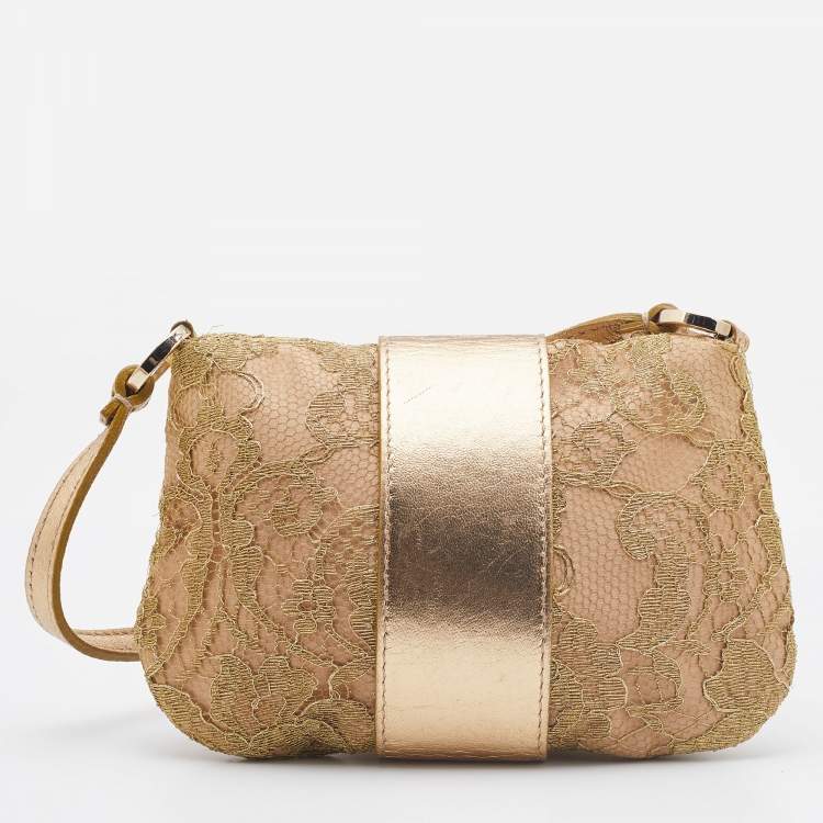 Pre Owned Valentino Gold Lace and Leather Crystals Embellished Flap Clutch Bag