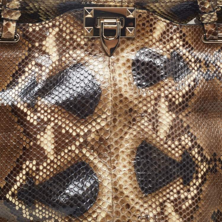 Pre Owned Valentino Brown/Beige Python Rockstud Trapeze Shopper Tote