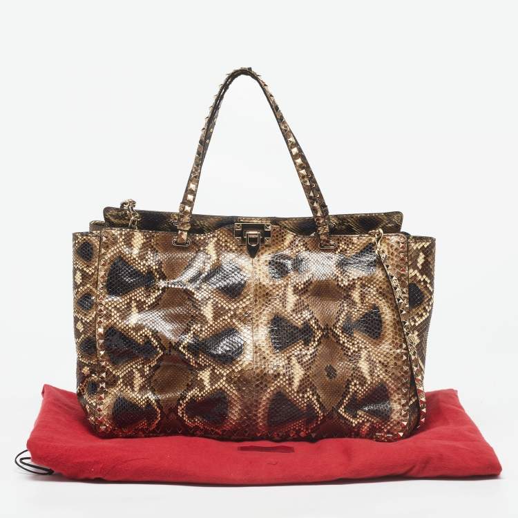 Pre Owned Valentino Brown/Beige Python Rockstud Trapeze Shopper Tote