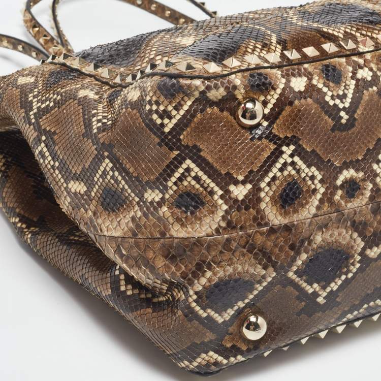 Pre Owned Valentino Brown/Beige Python Rockstud Trapeze Shopper Tote