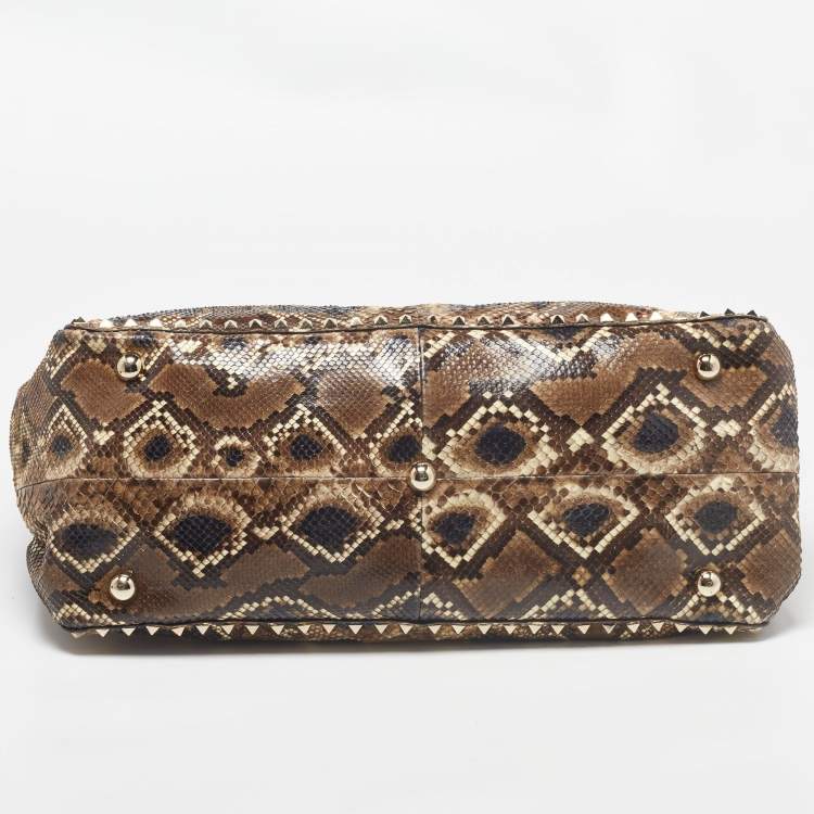 Pre Owned Valentino Brown/Beige Python Rockstud Trapeze Shopper Tote