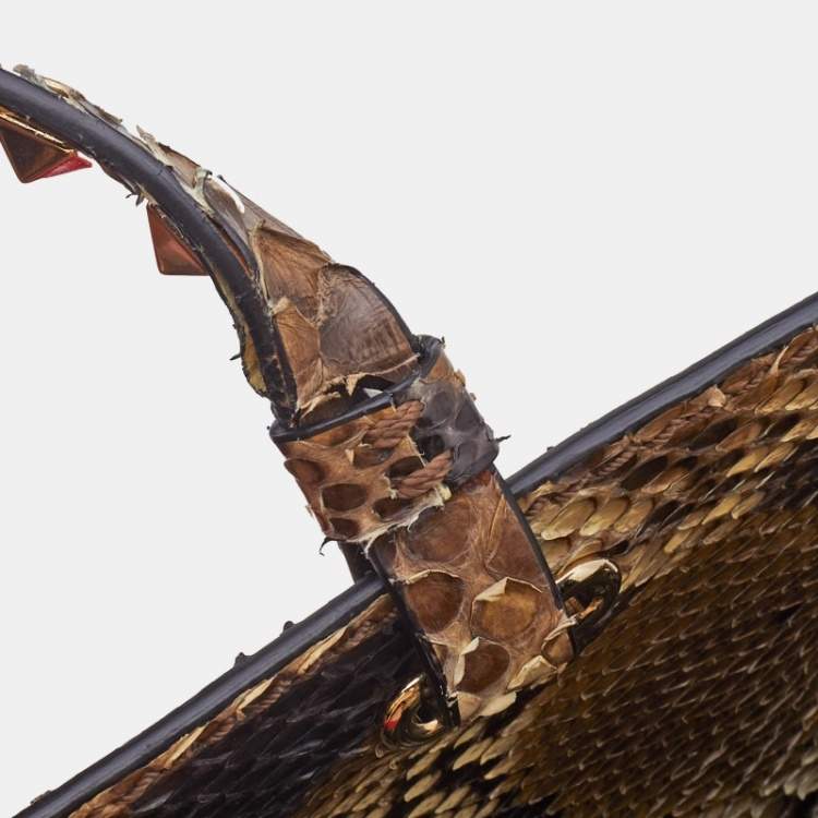 Pre Owned Valentino Brown/Beige Python Rockstud Trapeze Shopper Tote