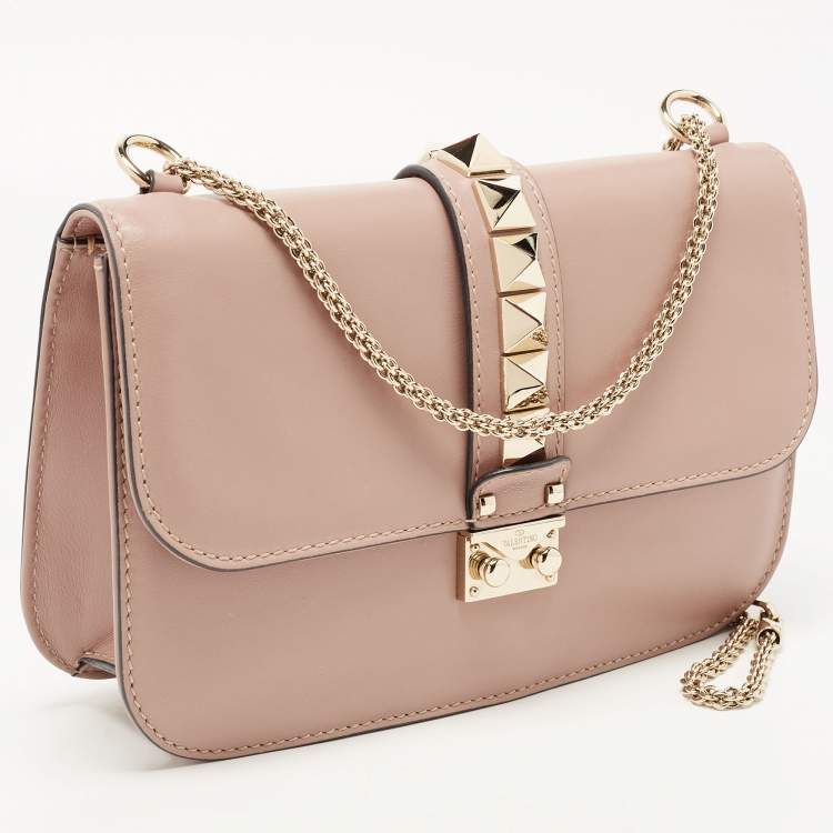 Pre Owned Valentino Pink Leather Medium Rockstud Glam Lock Flap Bag