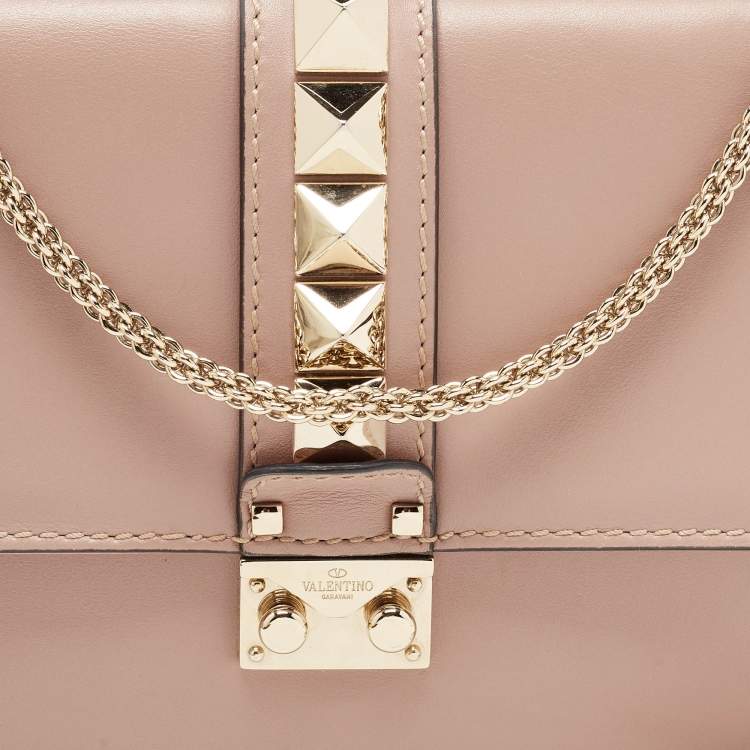 Pre Owned Valentino Pink Leather Medium Rockstud Glam Lock Flap Bag