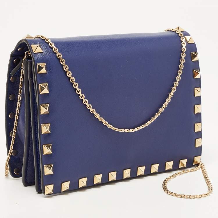 Pre Owned Valentino Blue Leather Rockstud Mini Chain Crossbody Bag 