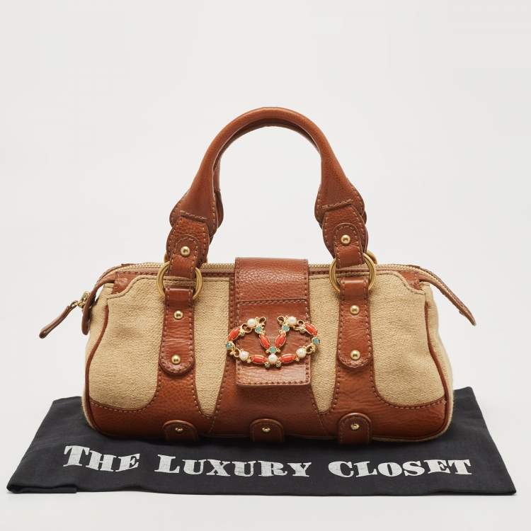Pre Owned Valentino Brown/Natural Jute and Leather Catch Satchel
