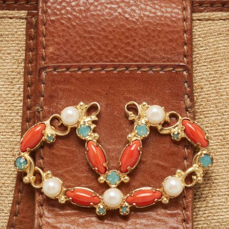 Pre Owned Valentino Brown/Natural Jute and Leather Catch Satchel