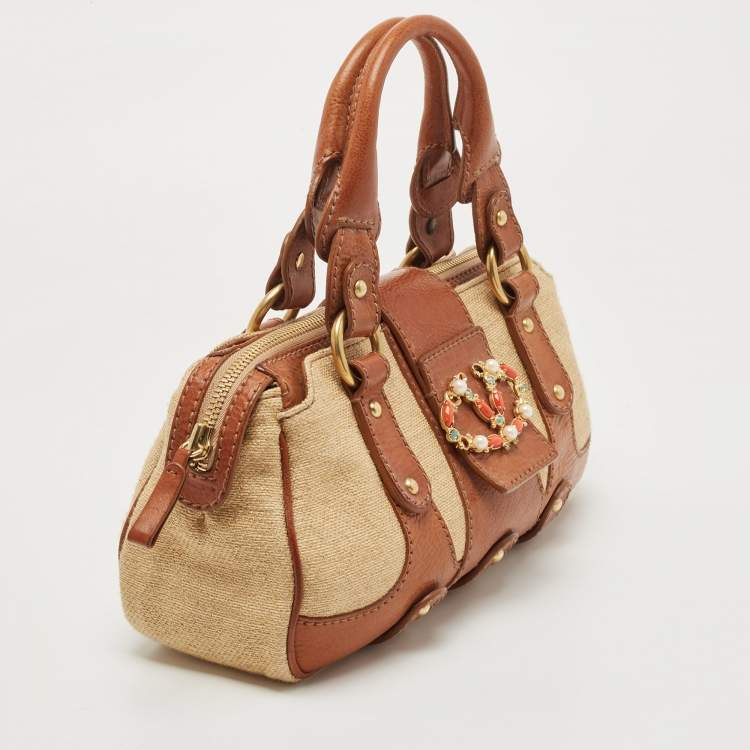 Pre Owned Valentino Brown/Natural Jute and Leather Catch Satchel