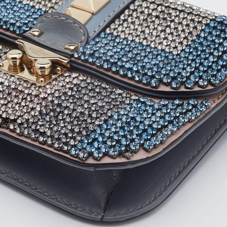Pre Owned Valentino Blue Leather Small Crystal Embellished Glam Lock Rockstud Shoulder Bag