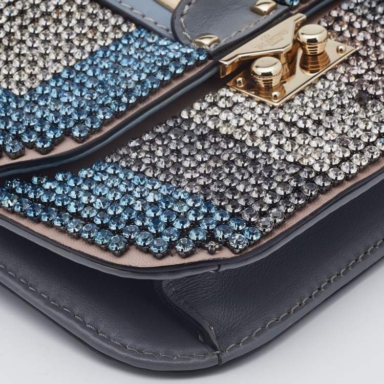 Pre Owned Valentino Blue Leather Small Crystal Embellished Glam Lock Rockstud Shoulder Bag