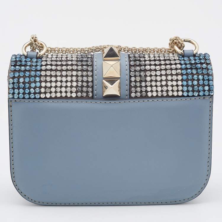 Pre Owned Valentino Blue Leather Small Crystal Embellished Glam Lock Rockstud Shoulder Bag