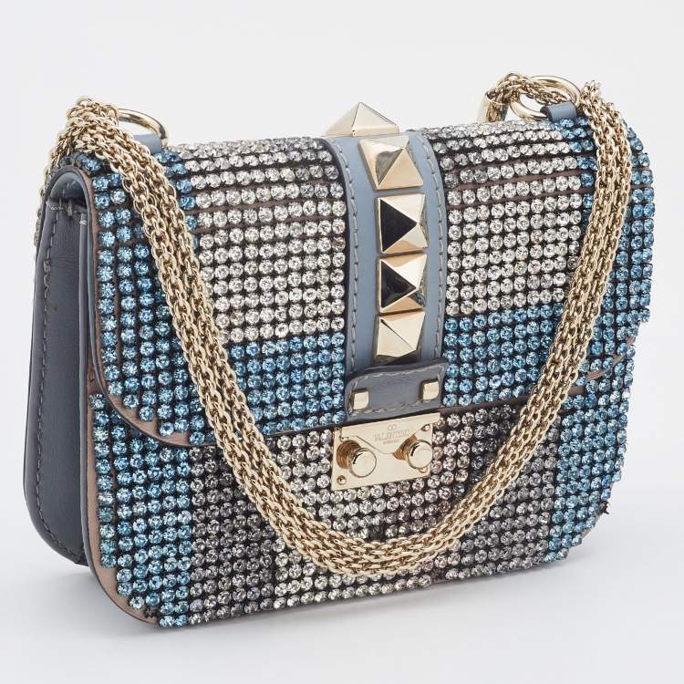 Pre Owned Valentino Blue Leather Small Crystal Embellished Glam Lock Rockstud Shoulder Bag