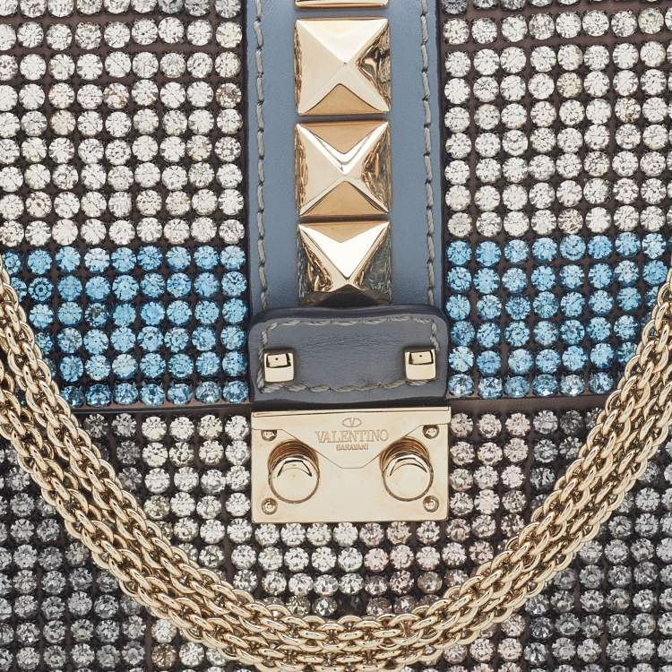 Pre Owned Valentino Blue Leather Small Crystal Embellished Glam Lock Rockstud Shoulder Bag