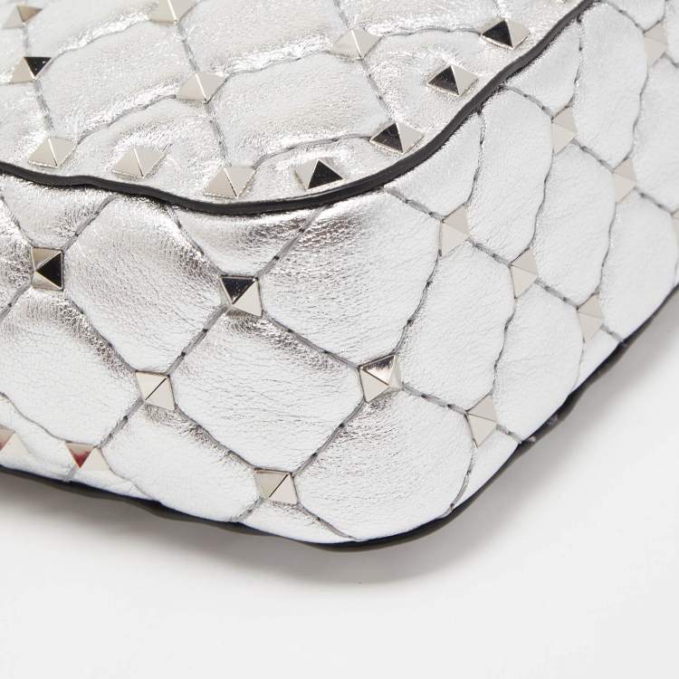 Pre Owned Valentino Silver Quilted Leather Rockstud Spike Camera Crossbody Bag