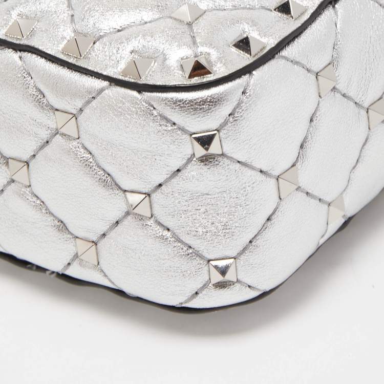 Pre Owned Valentino Silver Quilted Leather Rockstud Spike Camera Crossbody Bag