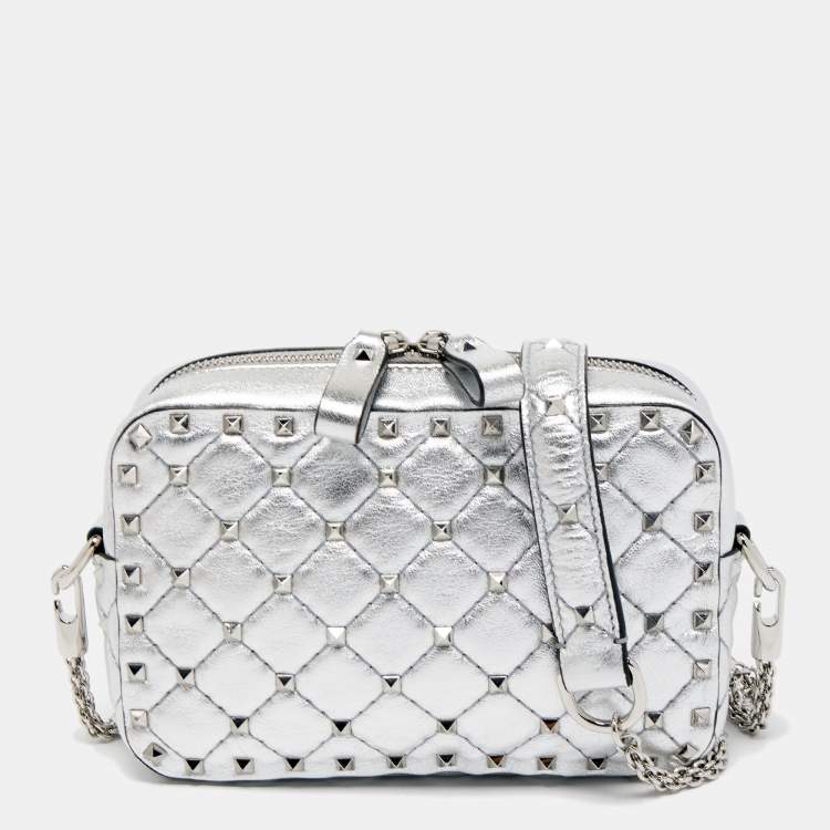 Pre Owned Valentino Silver Quilted Leather Rockstud Spike Camera Crossbody Bag