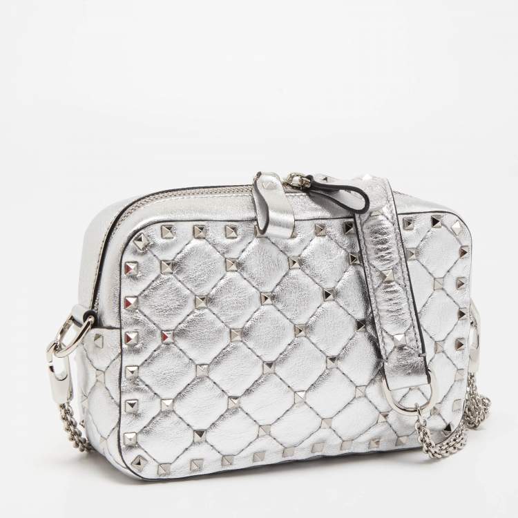 Pre Owned Valentino Silver Quilted Leather Rockstud Spike Camera Crossbody Bag
