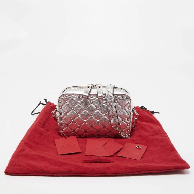 Pre Owned Valentino Silver Quilted Leather Rockstud Spike Camera Crossbody Bag