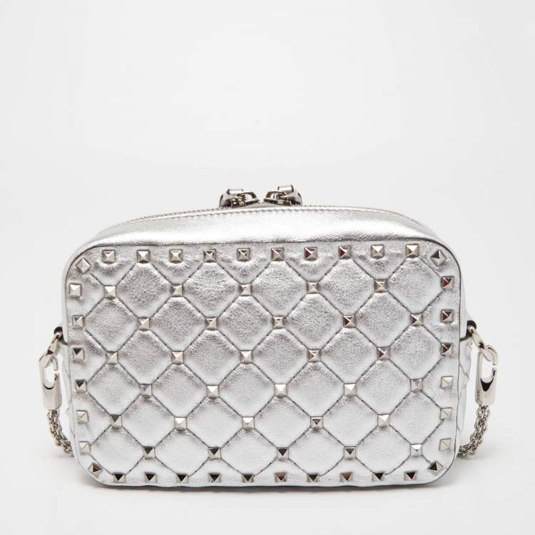 Pre Owned Valentino Silver Quilted Leather Rockstud Spike Camera Crossbody Bag