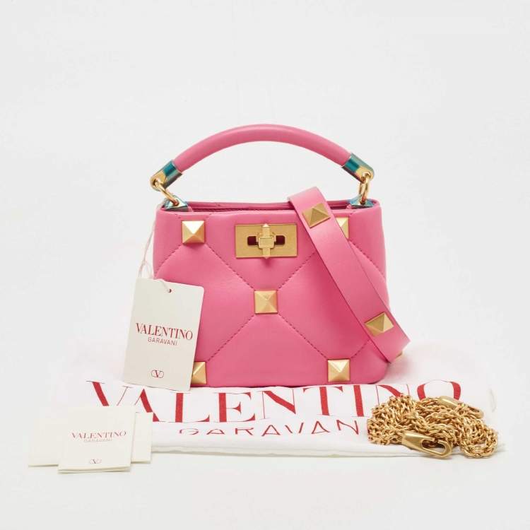 Pre Owned Valentino Pink Quilted Leather Small Roman Stud Top Handle Bag