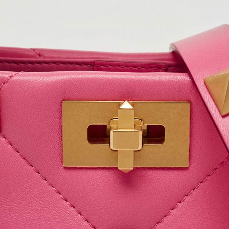Pre Owned Valentino Pink Quilted Leather Small Roman Stud Top Handle Bag