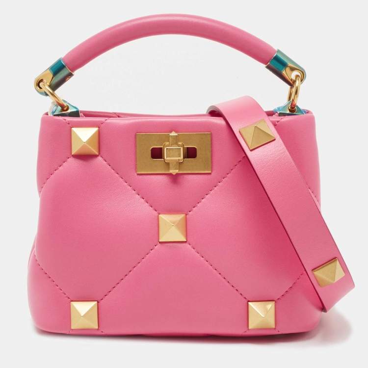 Pre Owned Valentino Pink Quilted Leather Small Roman Stud Top Handle Bag