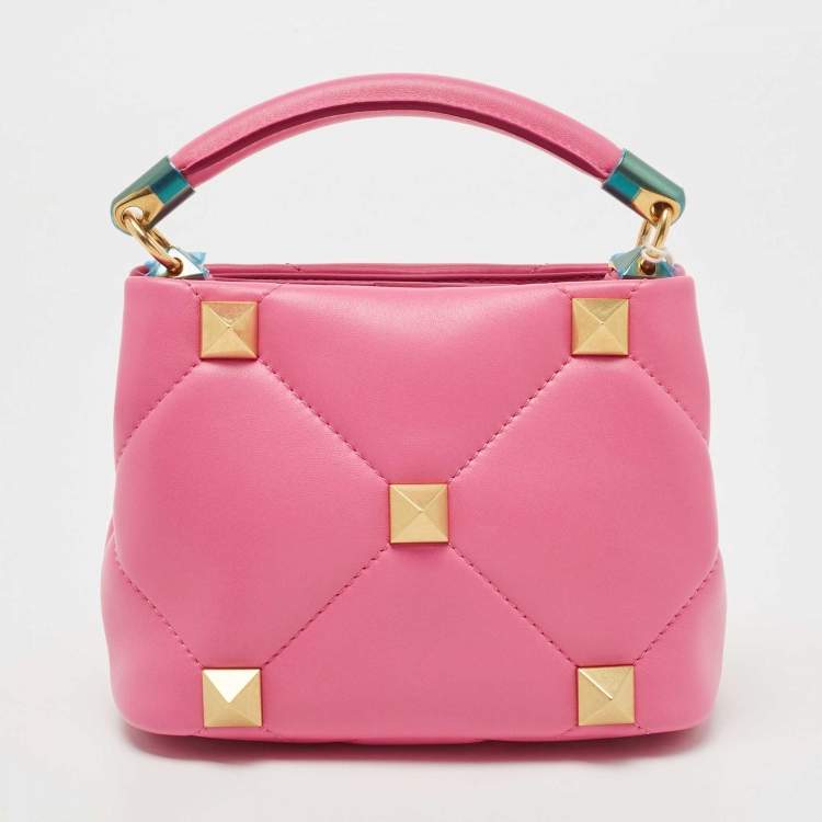 Pre Owned Valentino Pink Quilted Leather Small Roman Stud Top Handle Bag
