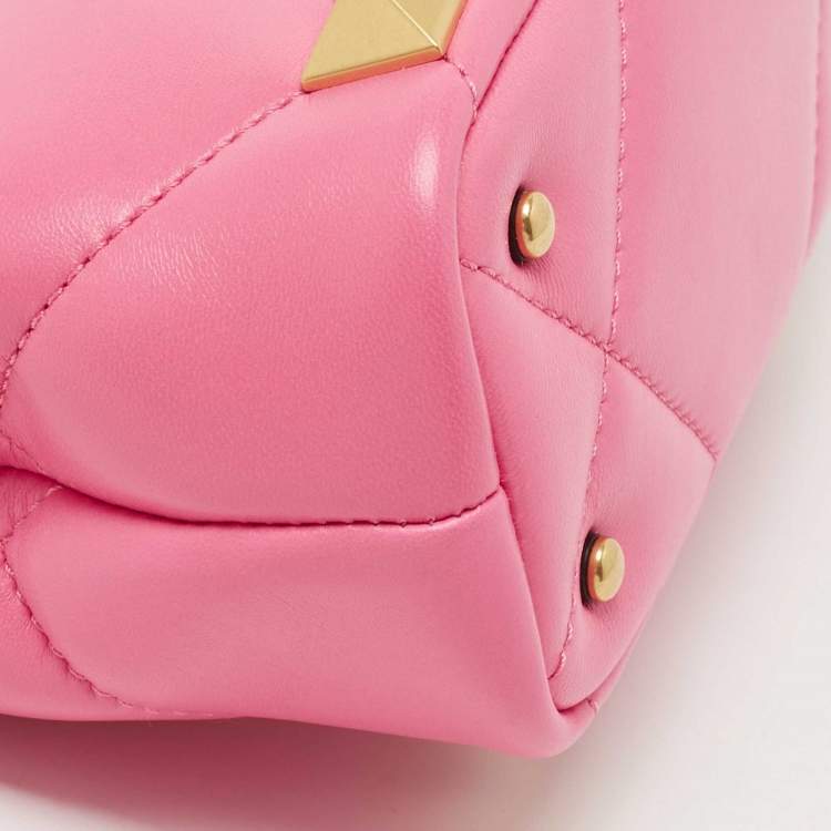 Pre Owned Valentino Pink Quilted Leather Small Roman Stud Top Handle Bag