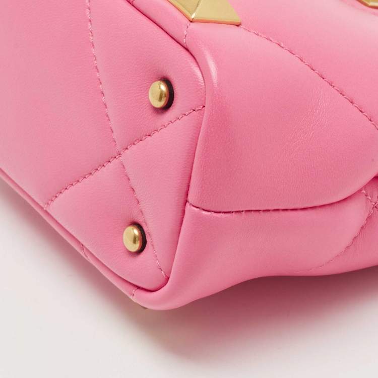 Pre Owned Valentino Pink Quilted Leather Small Roman Stud Top Handle Bag