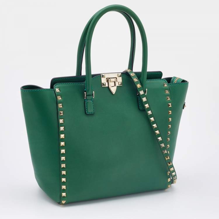 Pre Owned Valentino Green Leather Small Rockstud Trapeze Tote