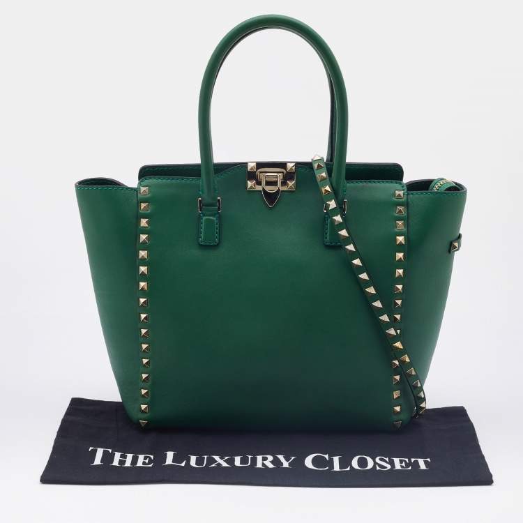 Pre Owned Valentino Green Leather Small Rockstud Trapeze Tote