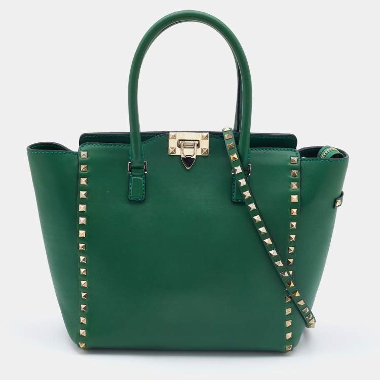 Pre Owned Valentino Green Leather Small Rockstud Trapeze Tote