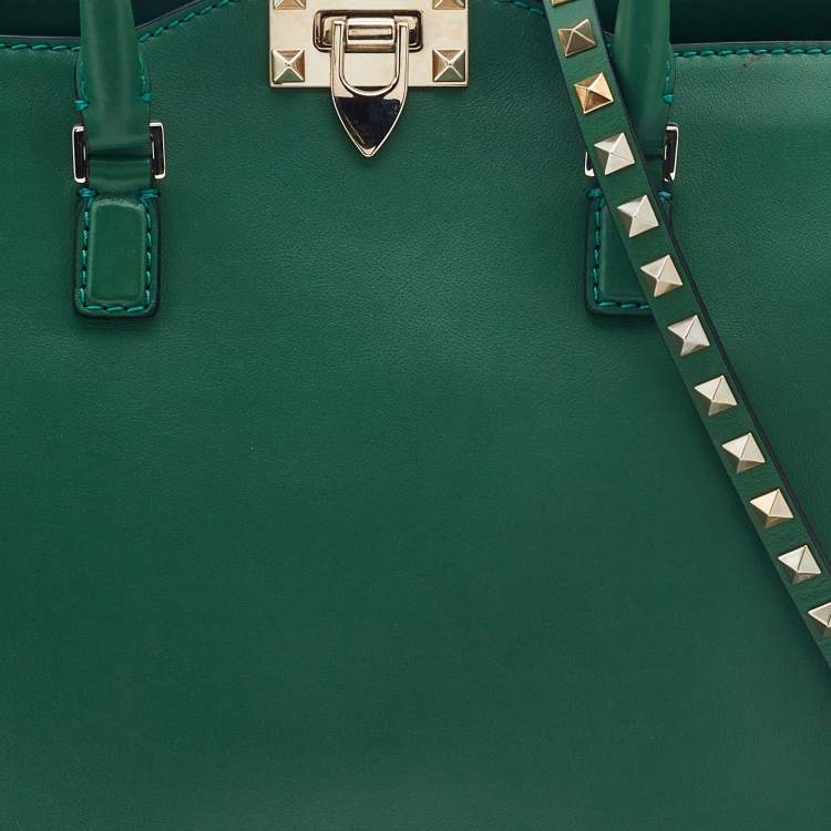 Pre Owned Valentino Green Leather Small Rockstud Trapeze Tote