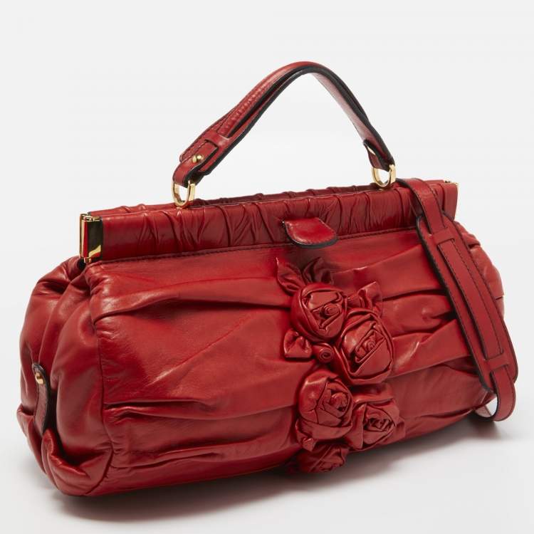 Pre Owned Valentino Red Leather Rose Frame Satchel
