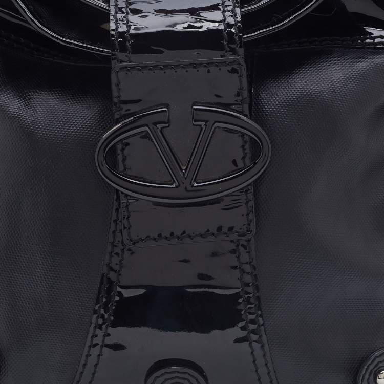 Pre Owned Valentino Black Patent Leather and Coated Canvas Catch Hobo