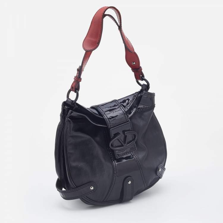 Pre Owned Valentino Black Patent Leather and Coated Canvas Catch Hobo