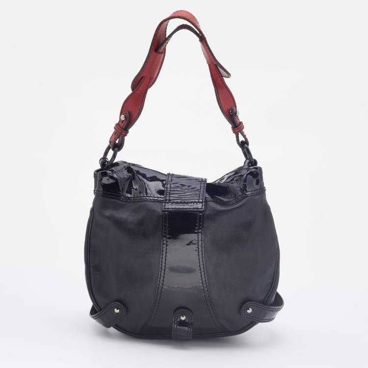 Pre Owned Valentino Black Patent Leather and Coated Canvas Catch Hobo