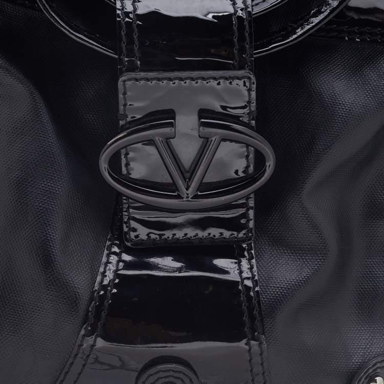 Pre Owned Valentino Black Patent Leather and Coated Canvas Catch Hobo