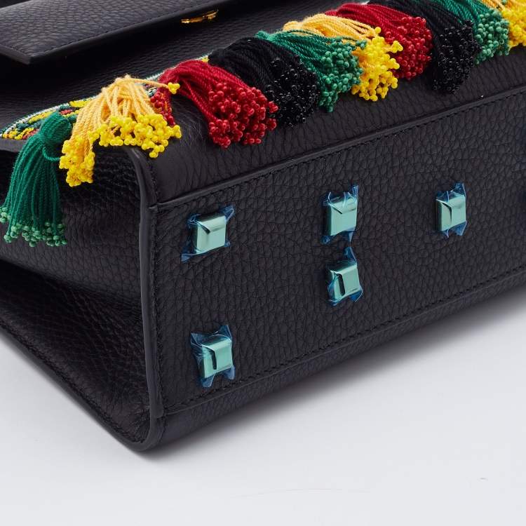 Pre Owned Valentino Black Leather Small Beads Embellished Rockstud Rolling Top Handle Bag