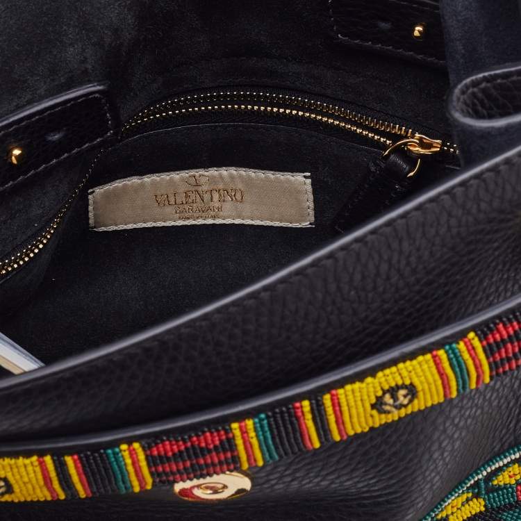 Pre Owned Valentino Black Leather Small Beads Embellished Rockstud Rolling Top Handle Bag