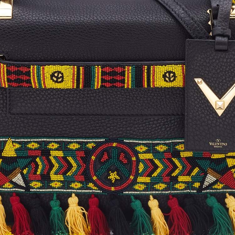 Pre Owned Valentino Black Leather Small Beads Embellished Rockstud Rolling Top Handle Bag