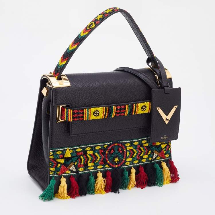 Pre Owned Valentino Black Leather Small Beads Embellished Rockstud Rolling Top Handle Bag