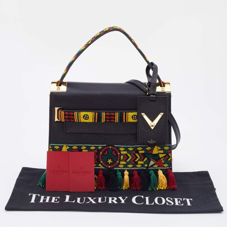 Pre Owned Valentino Black Leather Small Beads Embellished Rockstud Rolling Top Handle Bag