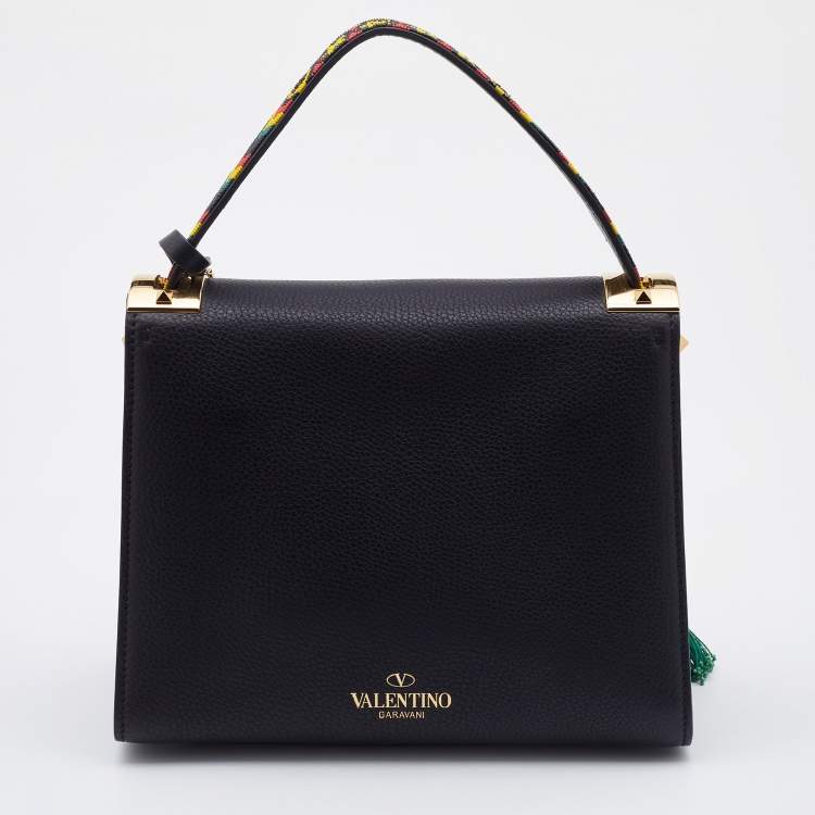 Pre Owned Valentino Black Leather Small Beads Embellished Rockstud Rolling Top Handle Bag